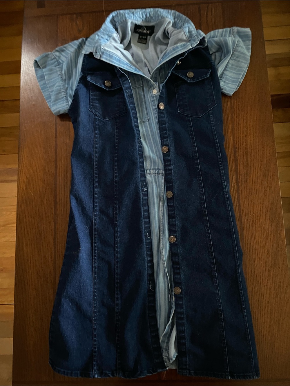 Dark Wash Denim Button-Front Dress with Light Blue Striped Inner Shirt